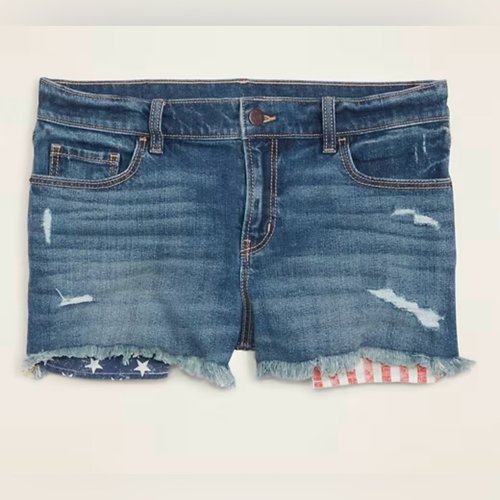 Old Navy Mid-Rise Distressed Americana-Pocket Boyfriend Jean Cut-Off Shorts- 2
